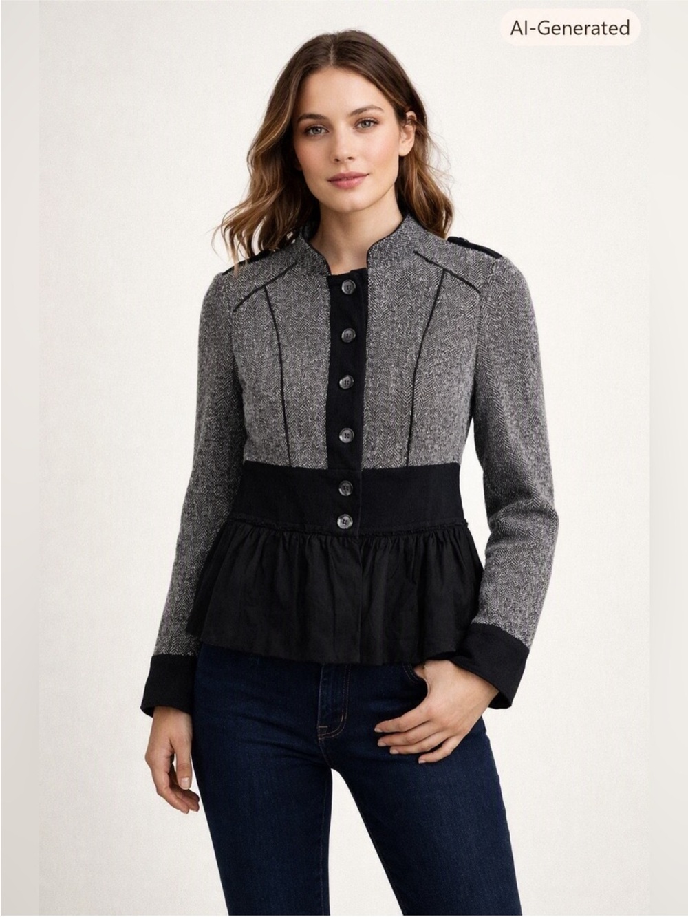 Anthropologie Herringbone Tweed Peplum Blazer Military Jacket Gray Black 4
